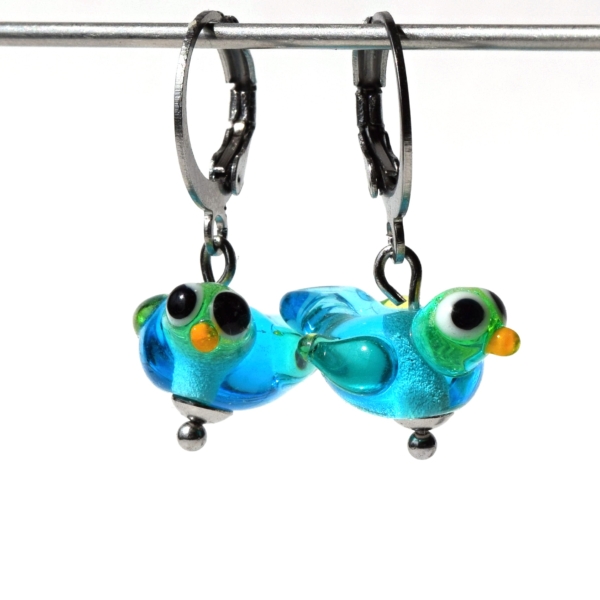 Ptáčci - náušnice s ručně vinutými perlemi - sklo a chirurgická ocel - hypoalergenní- vinutky - earrings bird lampwork beads greya