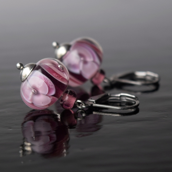 Náušnice s vinutkami Ametysto - ručně vinuté perle a chirurgická ocel lampwork beads earrings