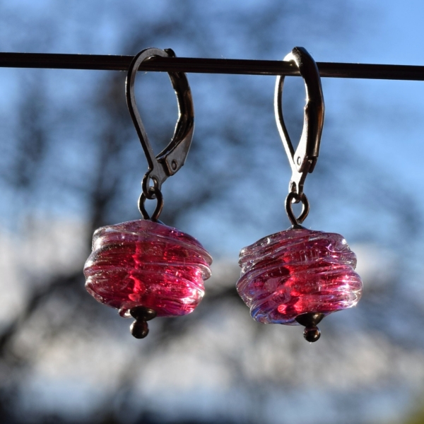 Náušnice z růžových vinutých perel "Vortex" lampwork beads earrings