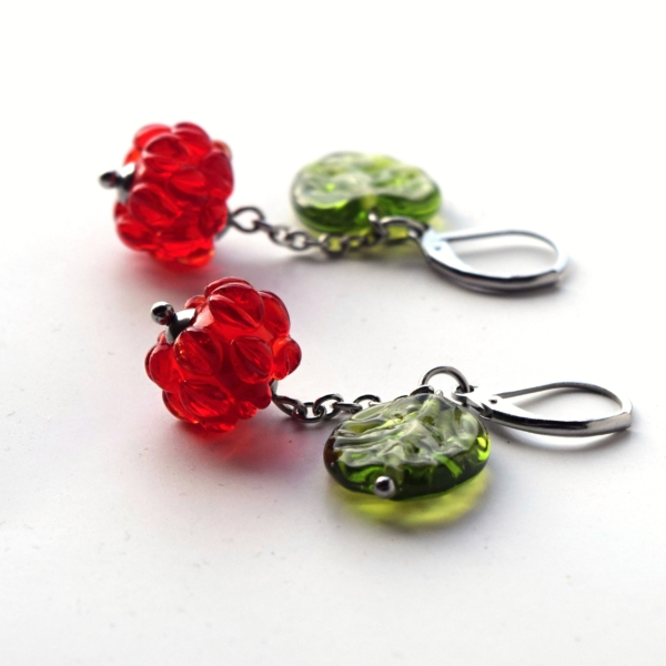 Maliny - náušnice s ručně vinutými perlemi - sklo a chirurgická ocel - korálky - lampwork beads - earrings