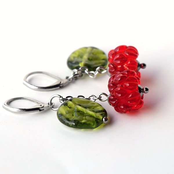 Maliny - náušnice s ručně vinutými perlemi - sklo a chirurgická ocel - korálky - lampwork beads - earrings